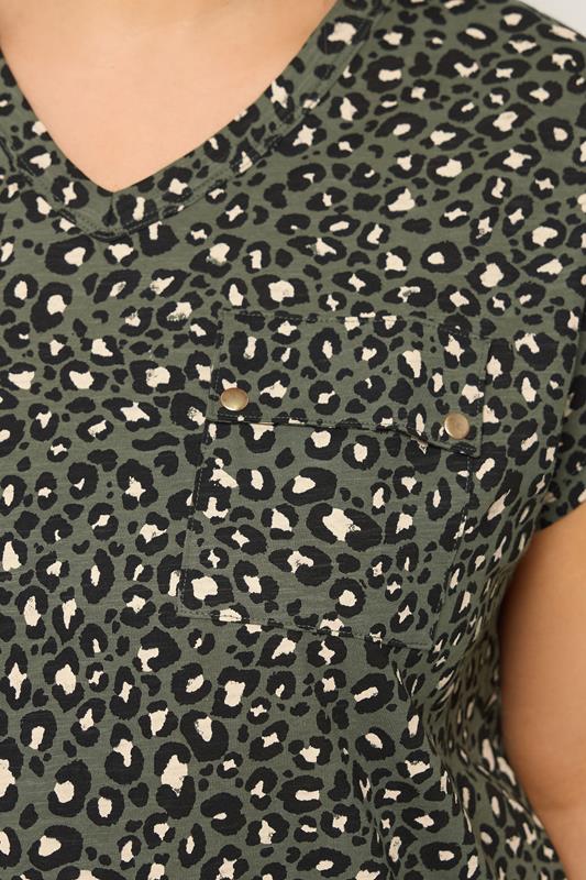 YOURS Plus Size Khaki Green Leopard Stud Pocket T-Shirt | Yours Clothing 4