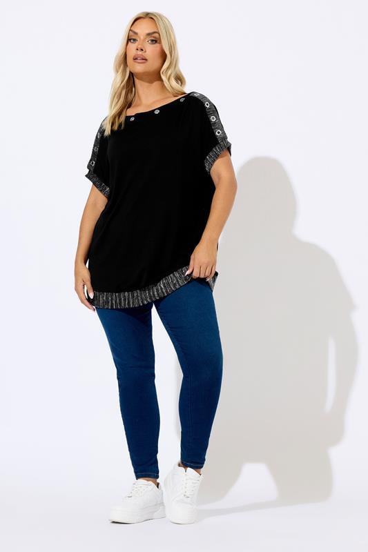 YOURS Plus Size Black Eyelet Shimmer Detail Top | Yours Clothing 2
