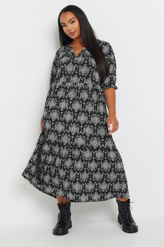 YOURS Plus Size Black Tile Print Tiered Midi Dress | Yours Clothing 2