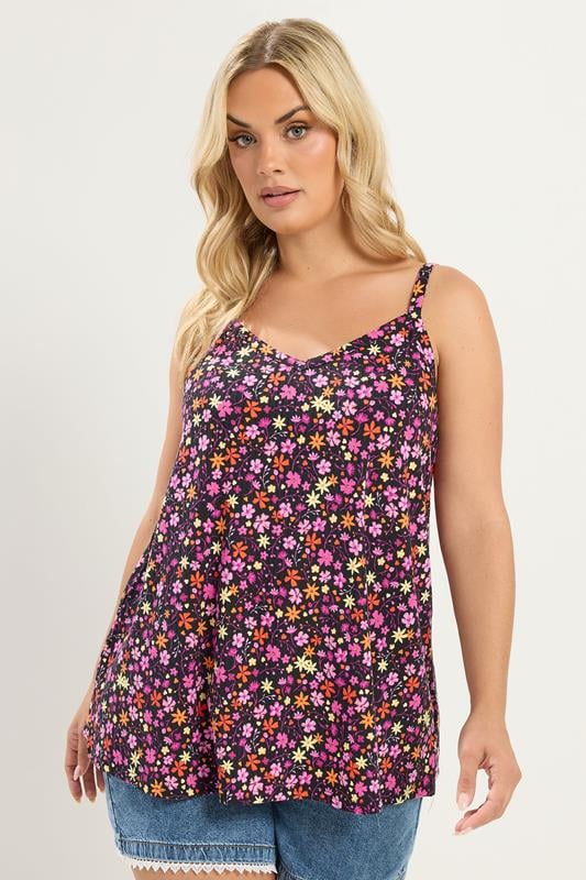  YOURS Curve Black & Pink Floral Ribbed Swing Vest Top