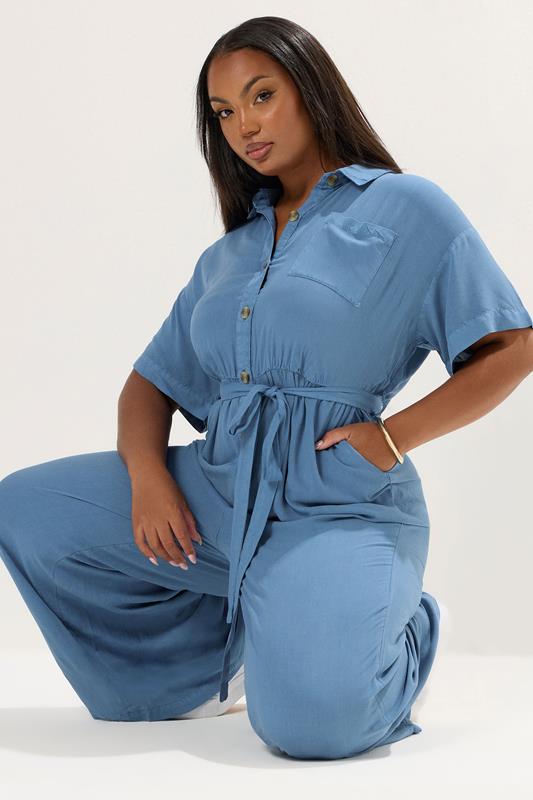 YOURS Plus Size Blue Wide Leg Chambray Jumpsuit | Yours Clothing 1