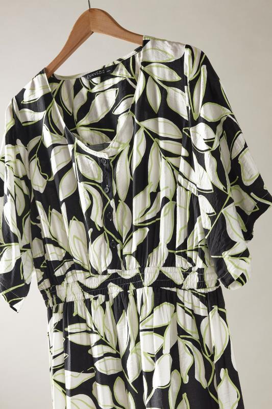 EVANS Plus Size Black Leaf Print Dipped Hem Midi Dress | Evans 7