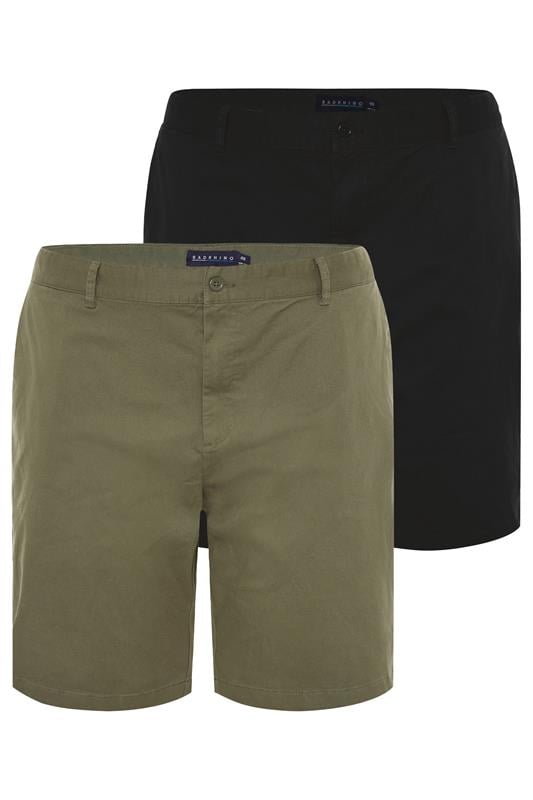 BadRhino Big & Tall 2 PACK Black & Khaki Green Stretch Chino Shorts