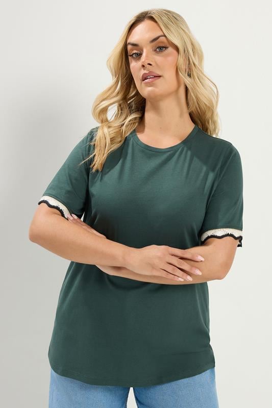  YOURS Curve Green Metallic Crochet Trim T-Shirt