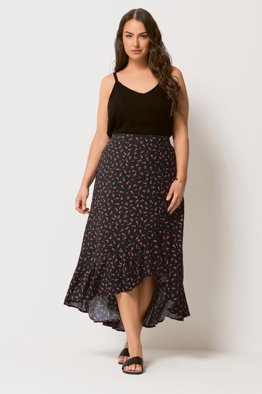  YOURS Curve Black Ditsy Floral Ruffle Skirt