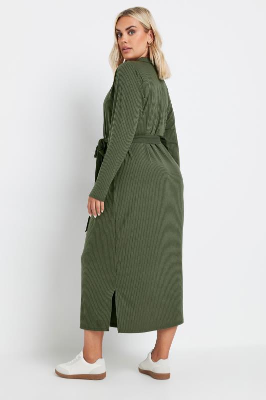 YOURS Plus Size Khaki Green Button Front Ribbed Tie Waist Midi Dress | Yours Clothing 3