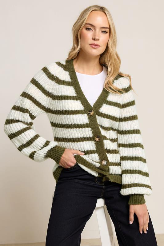 Tall  LTS Tall Green Knitted Stripe Button Cardigan