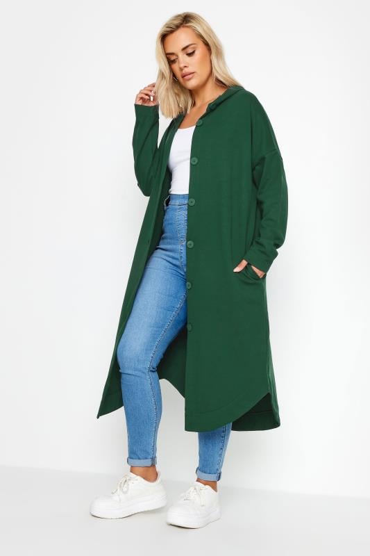 YOURS Plus Size Green Button Through Hooded Maxi Jacket | Yours Clothing 1