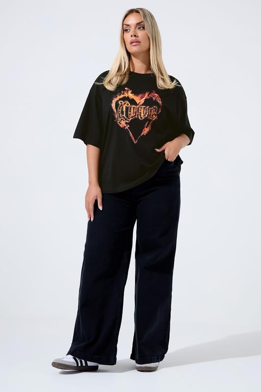 LIMITED COLLECTION Plus Size Black 'Love' Fire Heart T-Shirt | Yours Clothing 2
