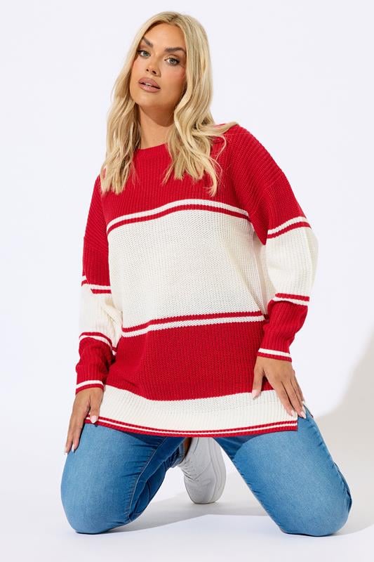 YOURS Plus Size Red Stripe Knitted Jumper | Yours Clothing 1