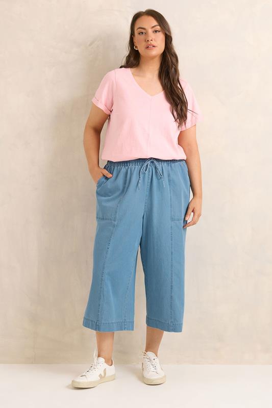 EVANS Plus Size Mid Blue Cropped Pull On Cotton Trousers | Evans 1