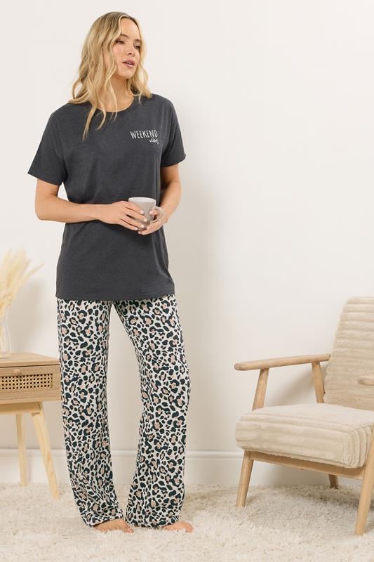  LTS Tall Charcoal Grey 'Weekend Vibes' Slogan Pyjama Set
