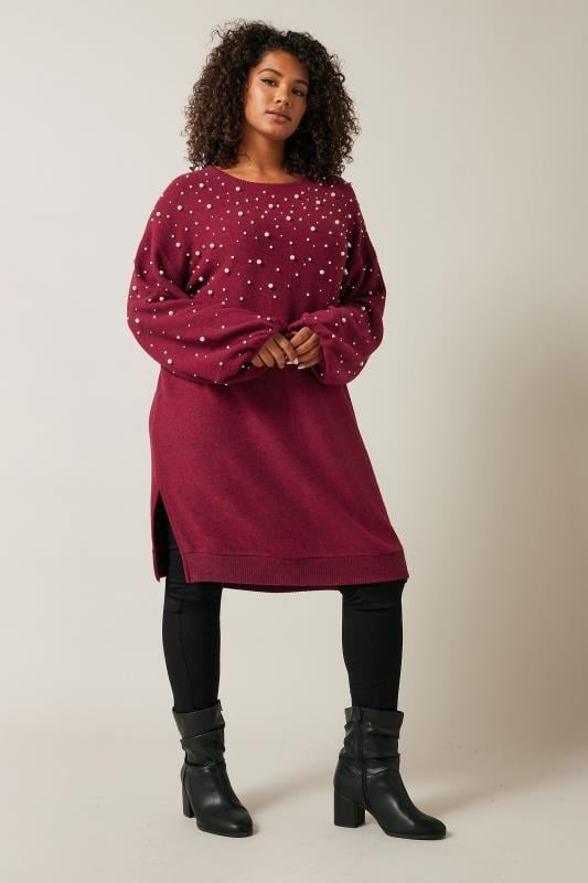 EVANS Plus Size Burgundy Red Pearl Embellished Soft Touch Jumper Dress Evans