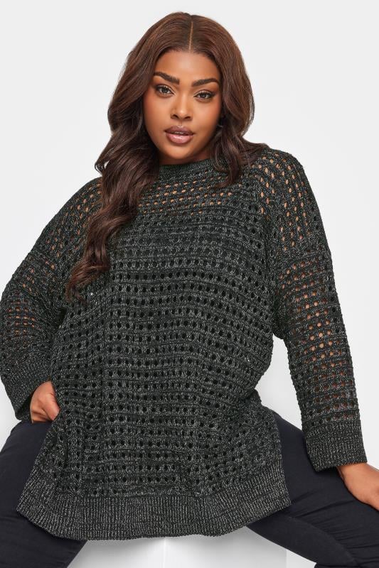 YOURS Plus Size Black & Silver Side Split Crochet Jumper | Yours Clothing 2