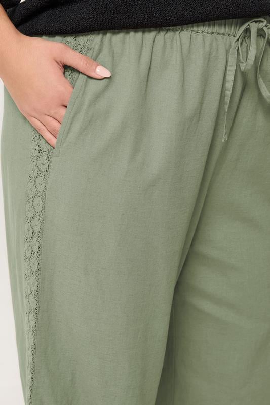 YOURS Plus Size Khaki Green Crochet Detail Linen Trousers | Yours Clothing 4