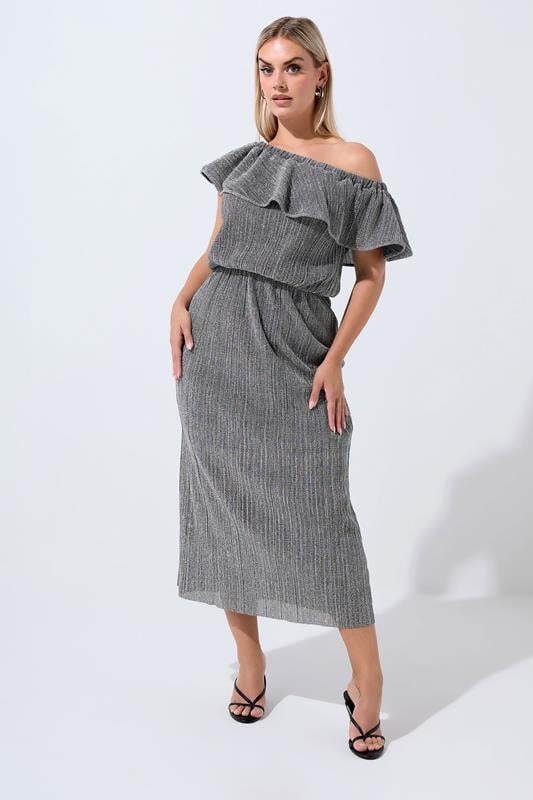  LIMITED COLLECTION Curve Silver Metallic Frill Midi Dress