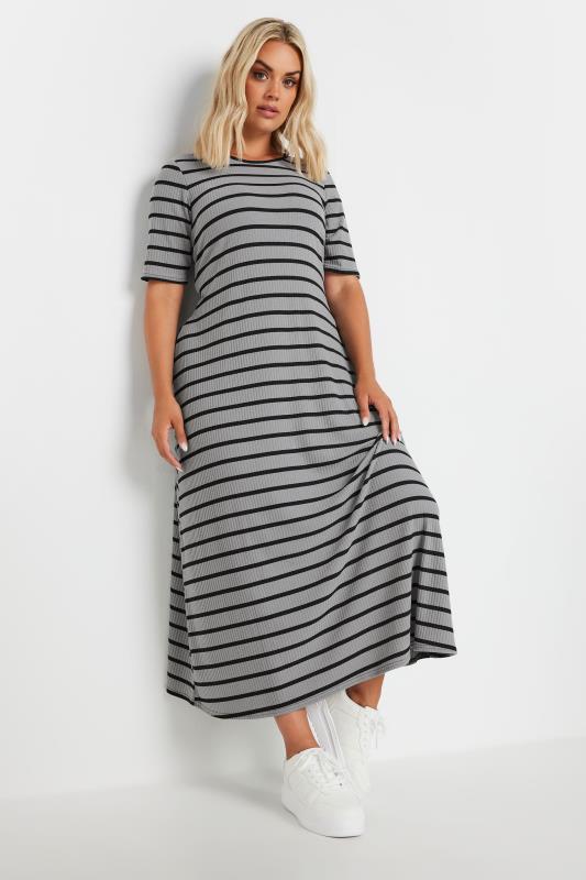 YOURS Plus Size Grey Stripe Ribbed Maxi Dress | Yours Clothing 2