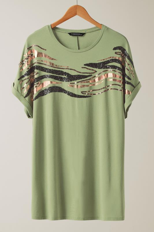 EVANS Plus Size Khaki Green Zebra Print Sequin Embellished T-Shirt | Evans  6