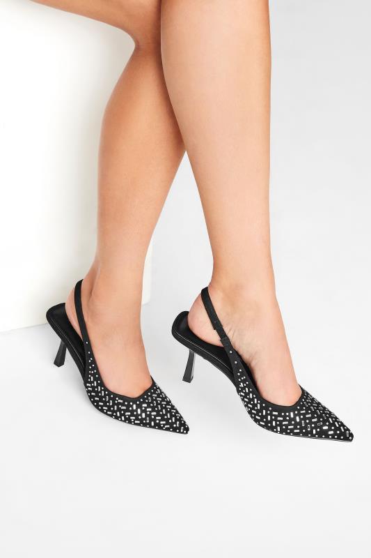 Tall  LTS Black Diamante Slingback Kitten Heel Court Shoes In Standard Fit