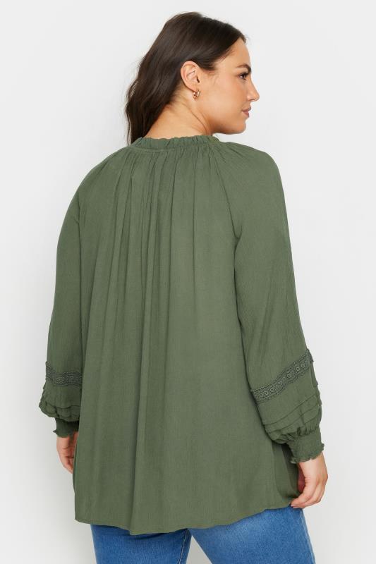 YOURS Plus Size Khaki Green Crinkle Tie Neck Blouse | Yours Clothing 3