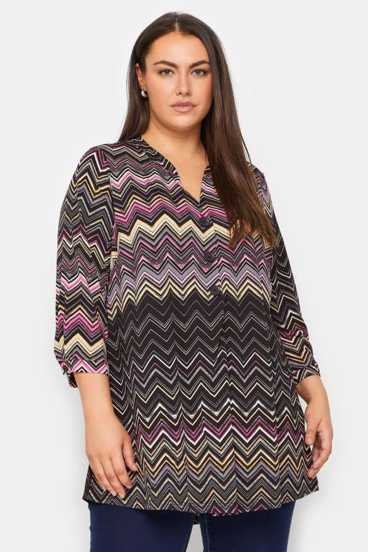 Evans Black Chevron Print Half Placket Tunic Top 1