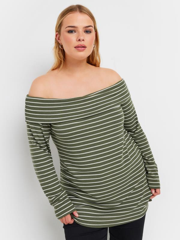 Plus Size  YOURS Curve Green Stripe Long Sleeve Bardot Top