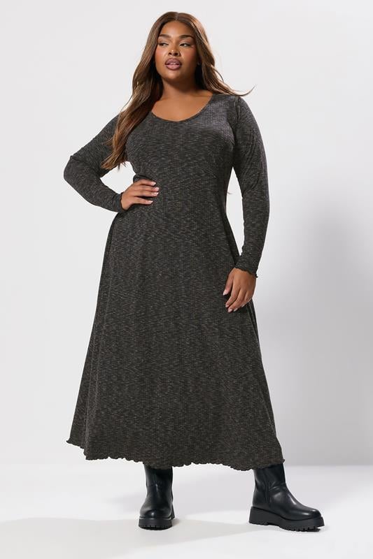YOURS Plus Size Grey Marl Ribbed Maxi Dress | Yours Clothing 1
