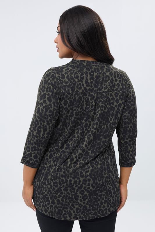 YOURS Plus Size Dark Green Leopard Print Placket Top | Yours Clothing 2