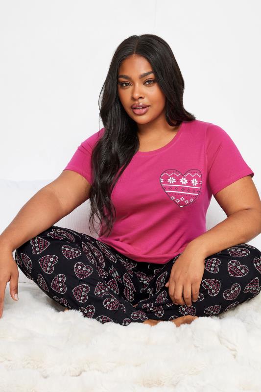 YOURS Plus Size Pink Fairisle Heart Print Pyjama Set | Yours Clothing 4