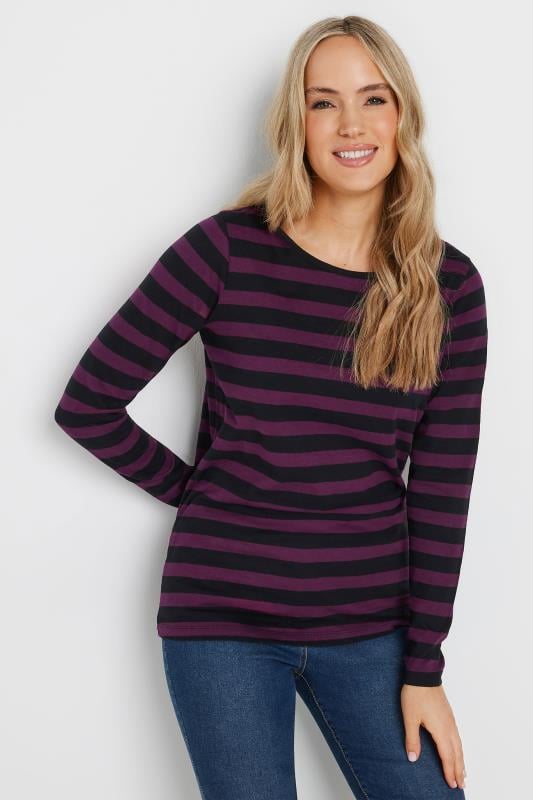 LTS Tall Women's Purple & Black Stripe Long Sleeve Cotton T-Shirt | Long Tall Sally 1