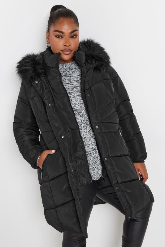 YOURS Plus Size Black Faux Fur Trim Puffer Coat | Yours Clothing 2