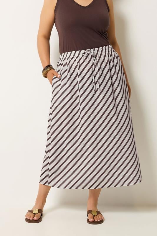  YOURS Curve Chocolate Brown Linen Look Stripe Skirt