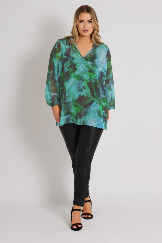 YOURS LONDON Plus Size Green Blur Abstract Print Overhead Blouse | Yours Clothing  2