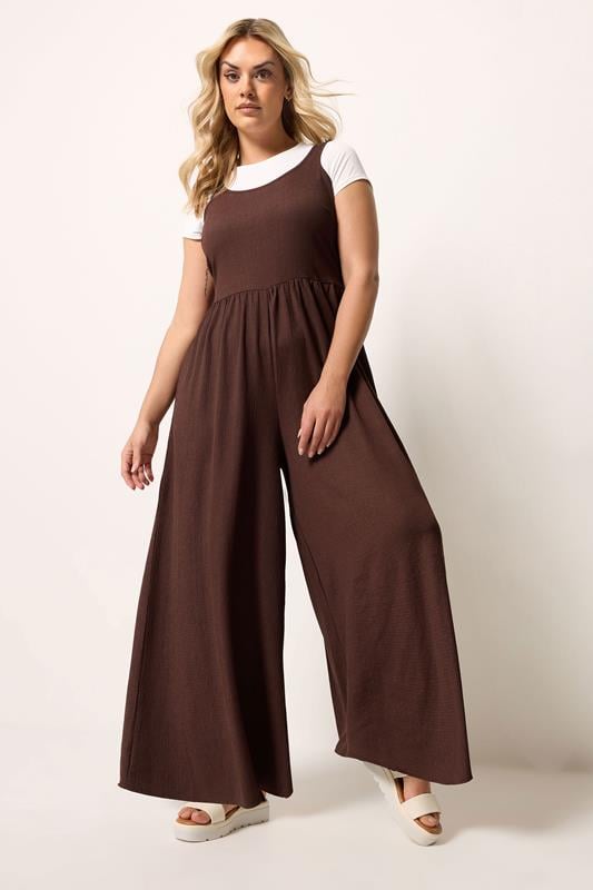  YOURS Curve Chocolate Brown Textured Jumpsuit