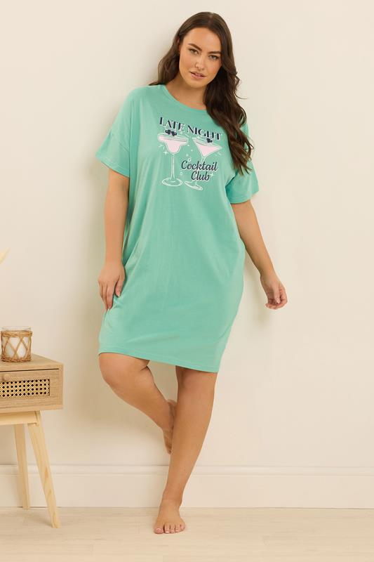 YOURSET 2 PACK Plus Size Green Cocktail Print Sleep Tee Nightdresses | Yours Clothing 2
