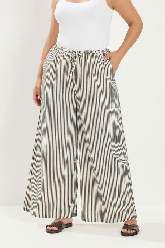 YOURS Plus Size Brown & White Striped Wide Leg Trousers | Yours Clothing 1