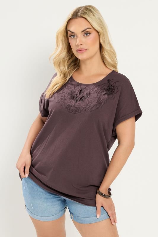  YOURS Curve Brown Broderie Anglaise Grown On Sleeve T-Shirt
