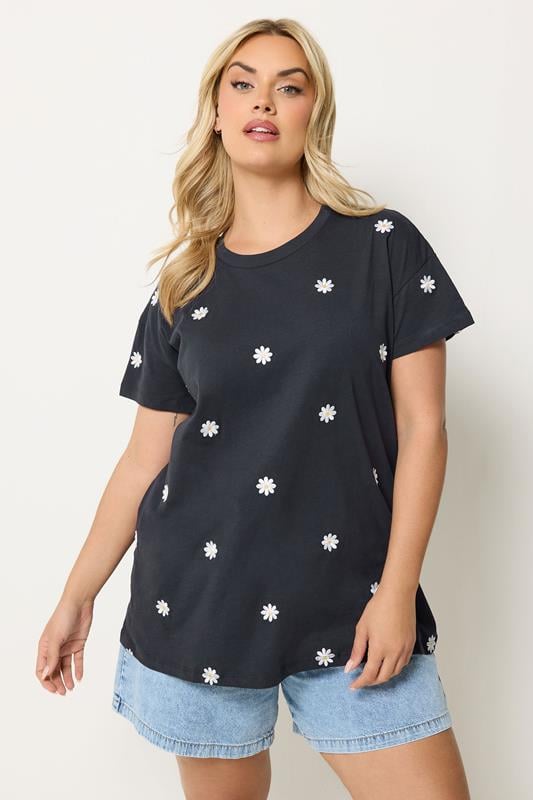 YOURS Curve Navy Blue Embroidered Daisy T-Shirt