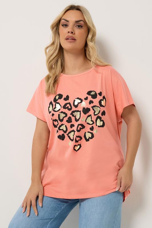 YOURS Curve Light Orange Leopard Heart T-Shirt