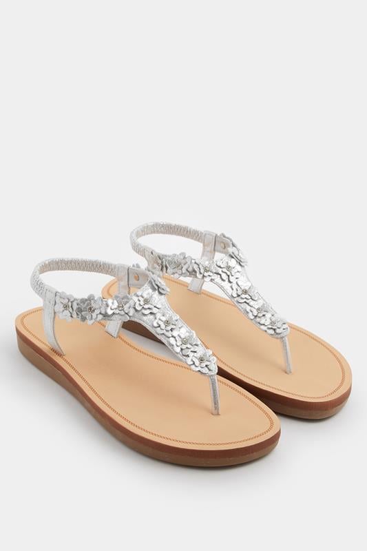  Yours Silver Flower Detail Diamante Sandals In Wide E Fit