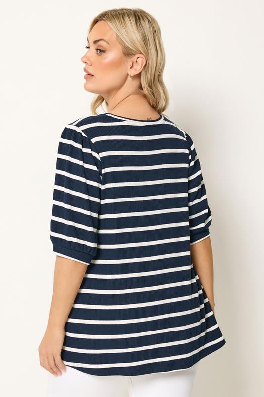 YOURS Plus Size Navy Blue Stripe Puff Sleeve Top | Yours Clothing 2