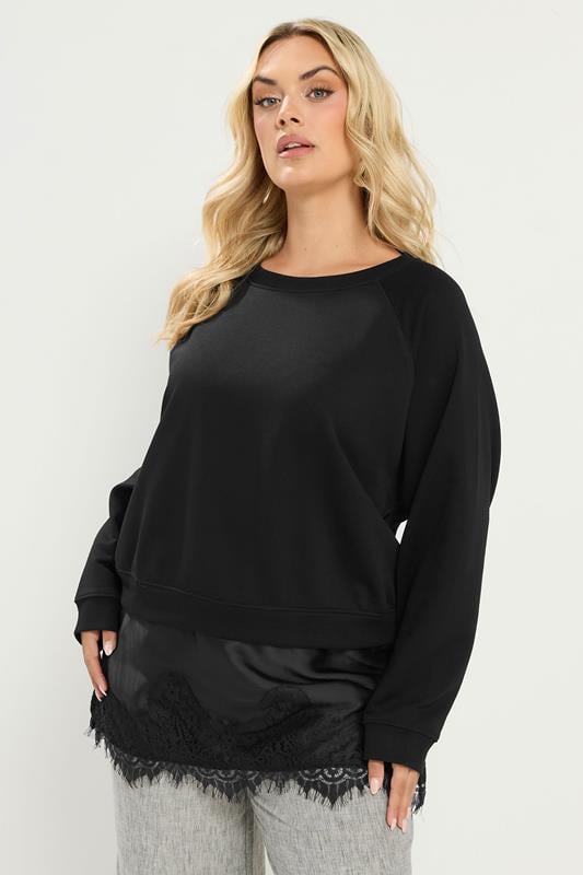 YOURS Plus Size Black Lace 2-In-1 Jumper | Yours Clothing 1