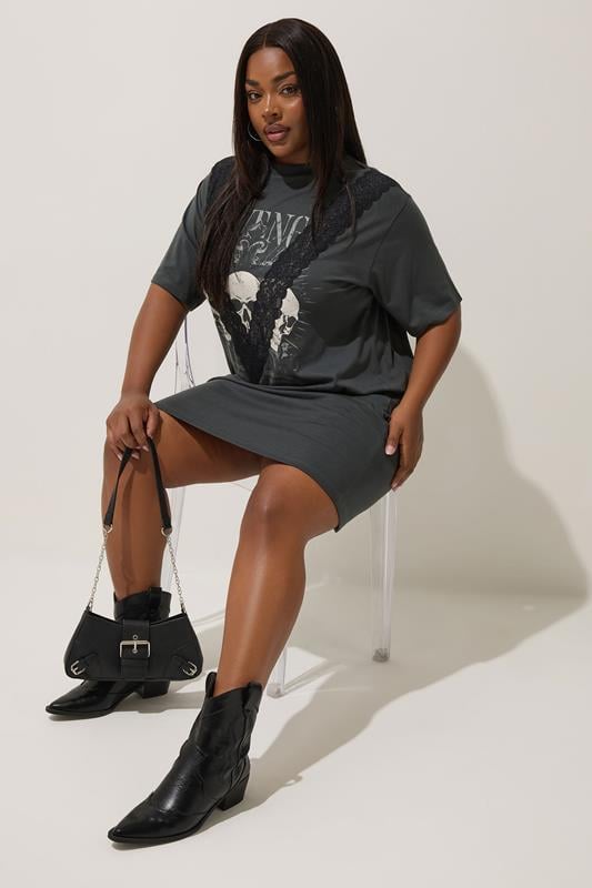 LIMITED COLLECTION Plus Size Grey Skull Graphic Lace T-Shirt Dress | Yours Clothing 3