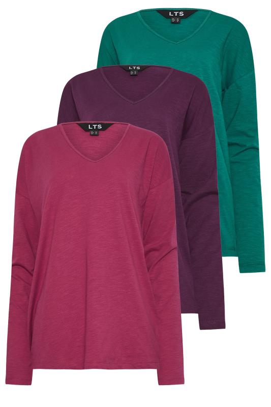 LTS Tall 3 Pack Pink & Purple V-Neck Long Sleeve T-Shirts | Long Tall Sally 5