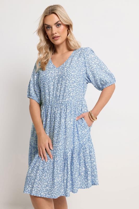  YOURS Curve Blue Ditsy Tiered Mini Smock Dress