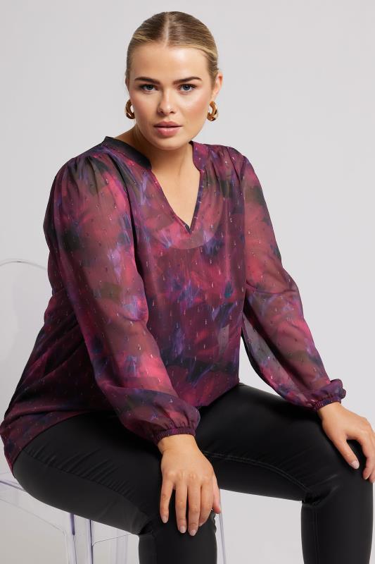 YOURS LONDON Plus Size Red Blur Abstract Print Overhead Blouse | Yours Clothing  2