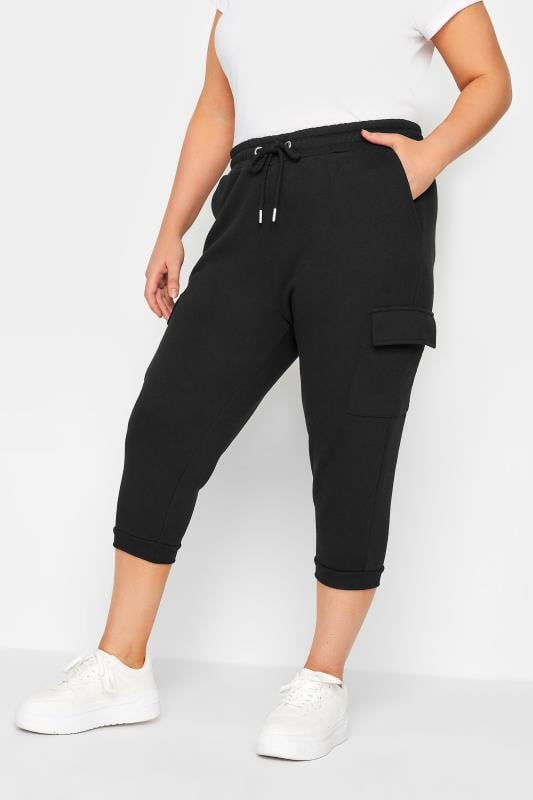 YOURS Plus Size Black Cargo Pocket Cropped Joggers  1