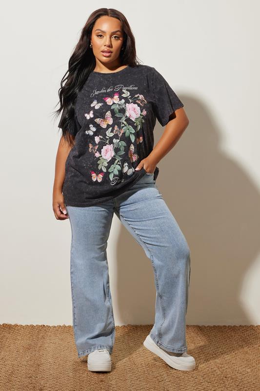 YOURS Plus Size Grey Acid Wash Floral Slogan T-Shirt | Yours Clothing 2