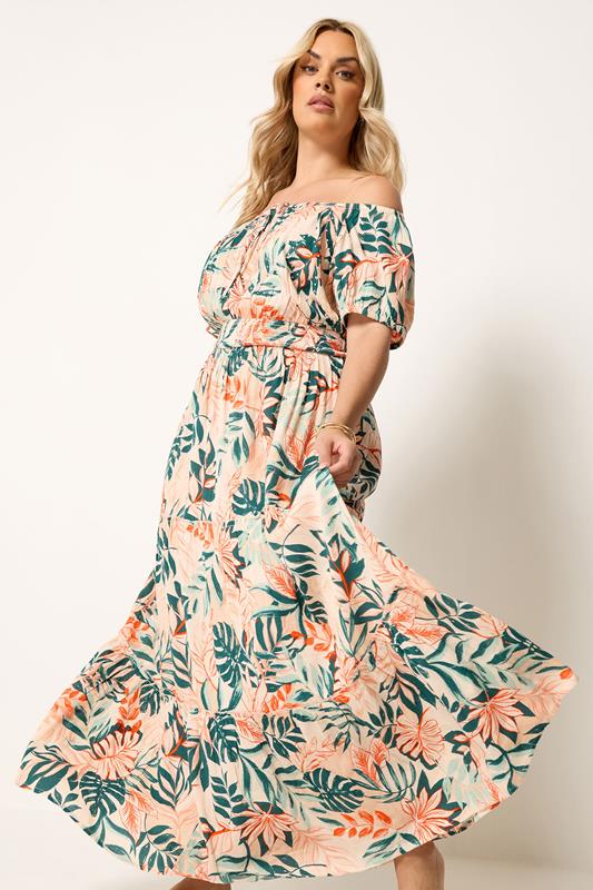 YOURS Plus Size Cream Leaf Tie Neck Bardot Maxi Dress | Yours Clothing 2