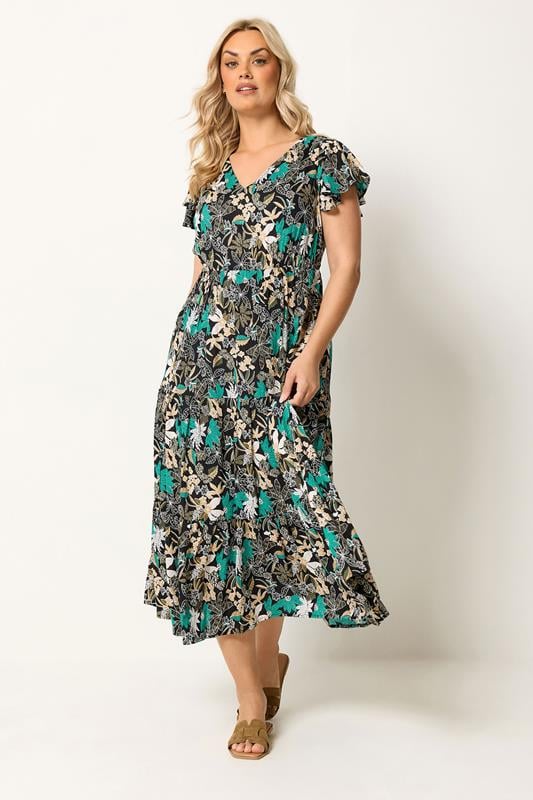  YOURS Curve Black & Green Floral Smock Dress